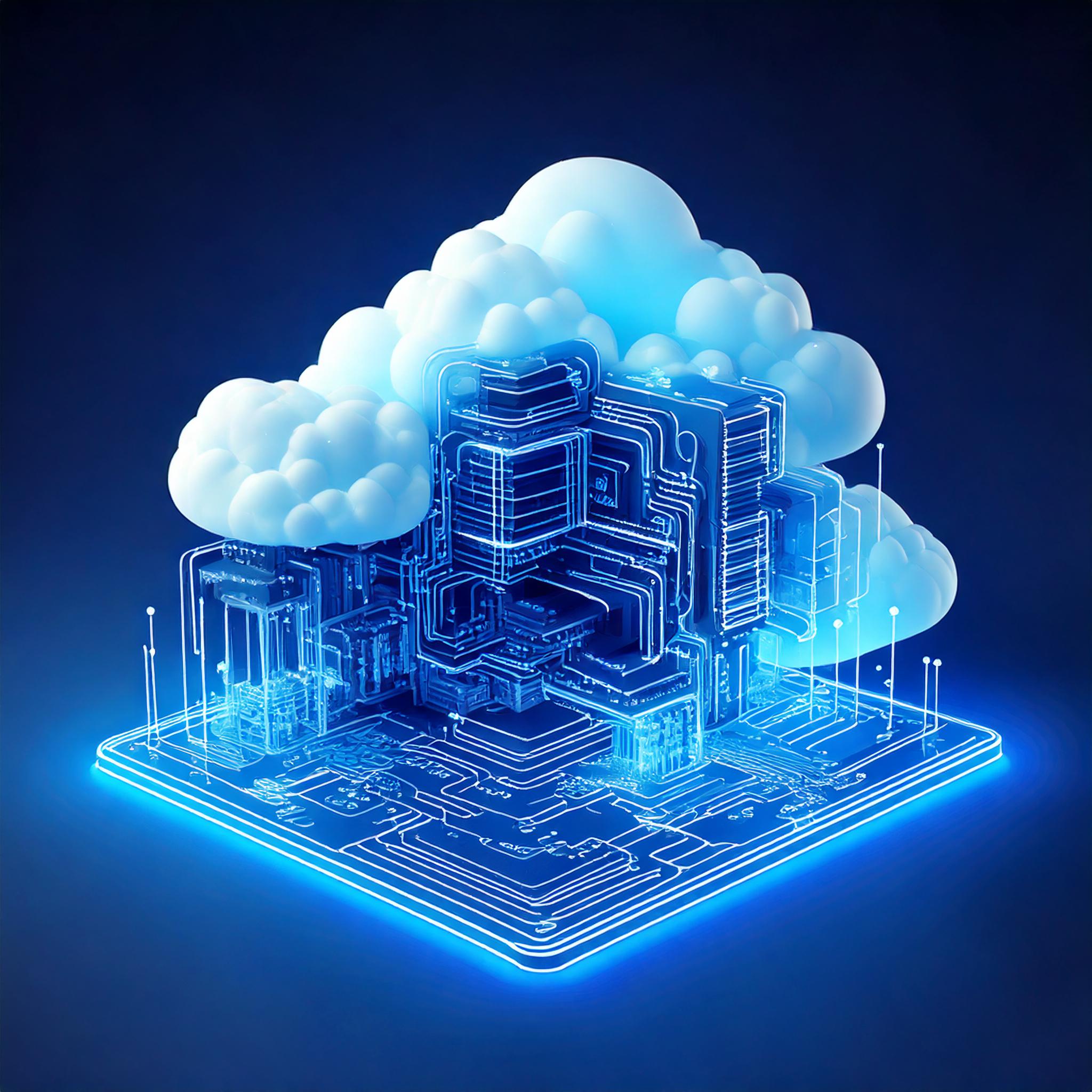 A minimalistic neon futuristic digital illustration of a hybrid cloud architecture concept. (2)